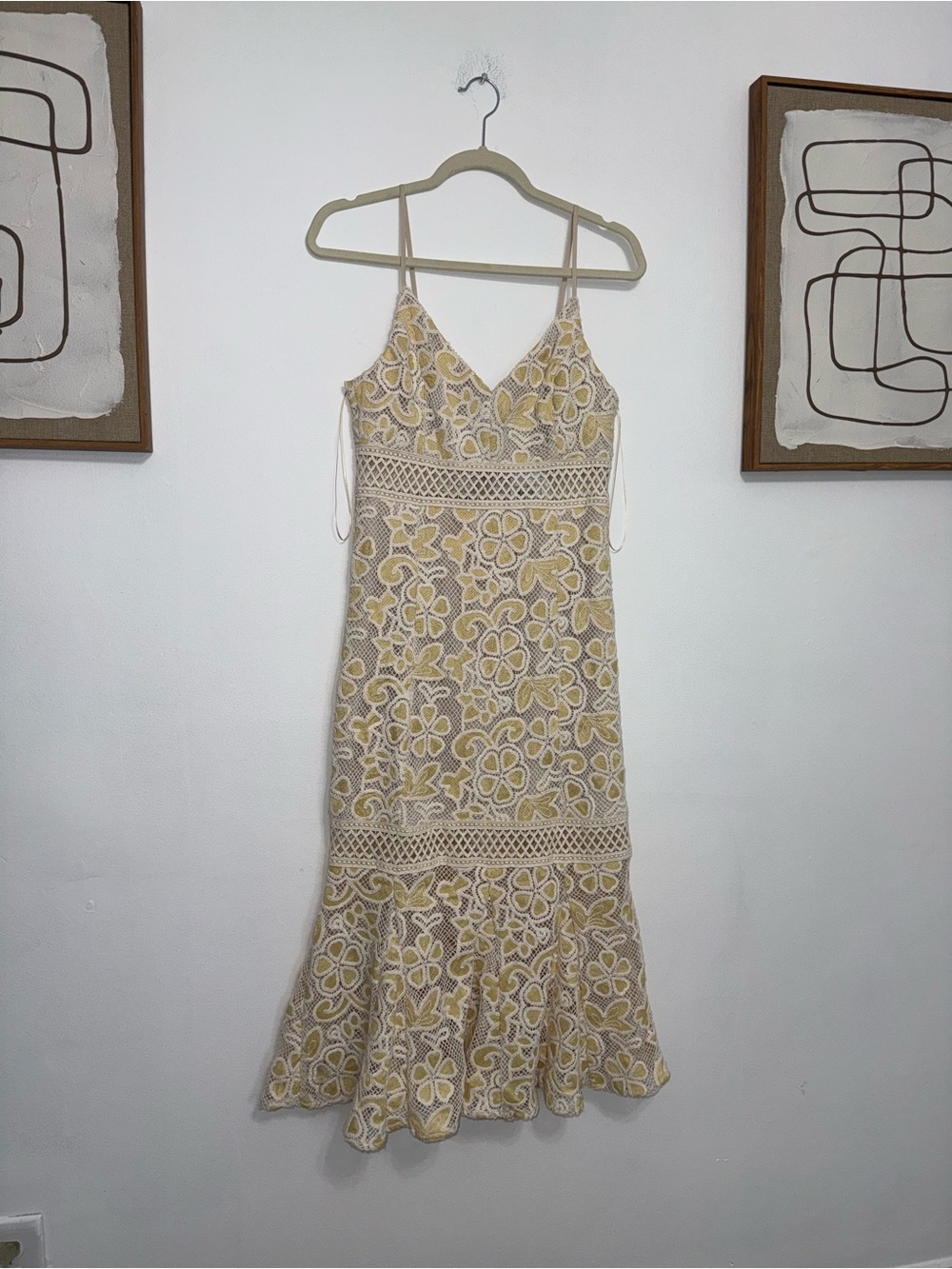 Guess Yellow and White Floral Lace Midi Dress